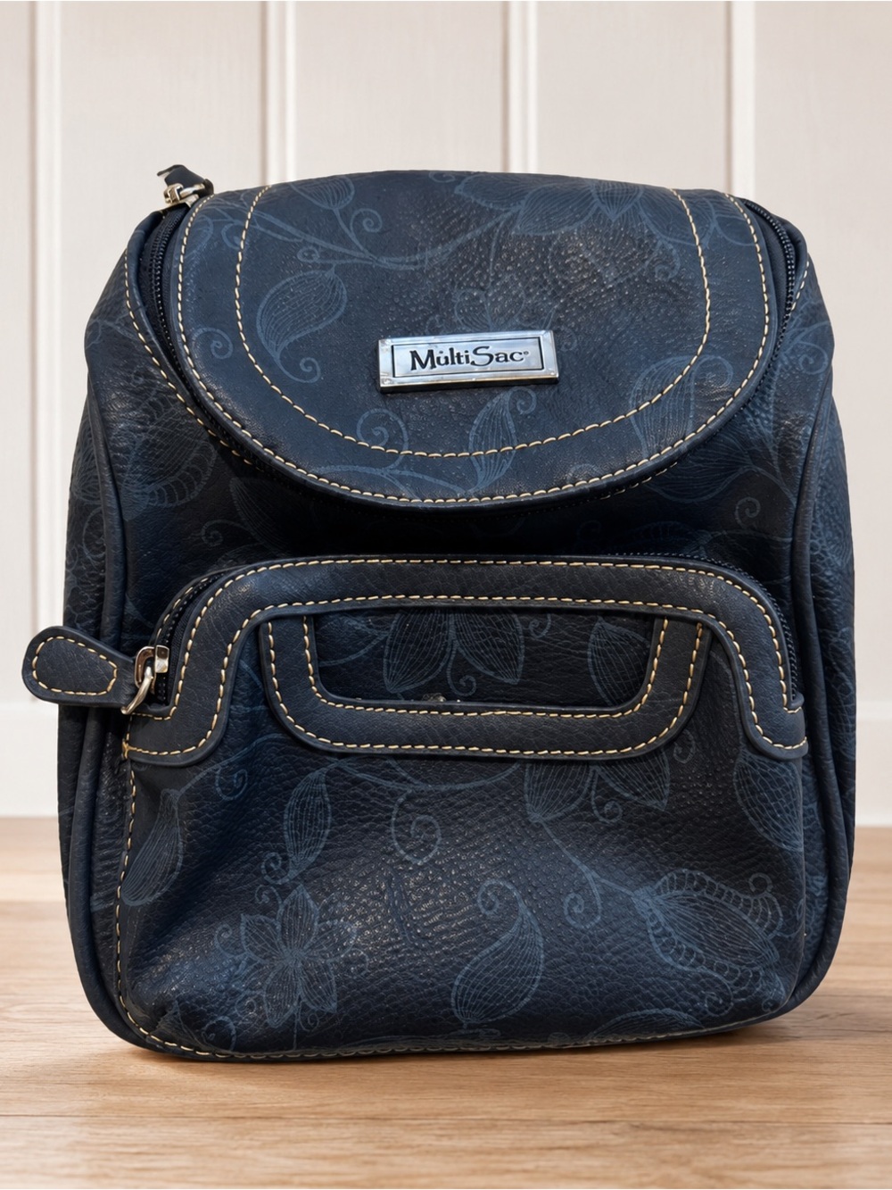 MultiSac Floral Mini Backpack Purse Navy Blue Faux Leather Convertible Bag U35